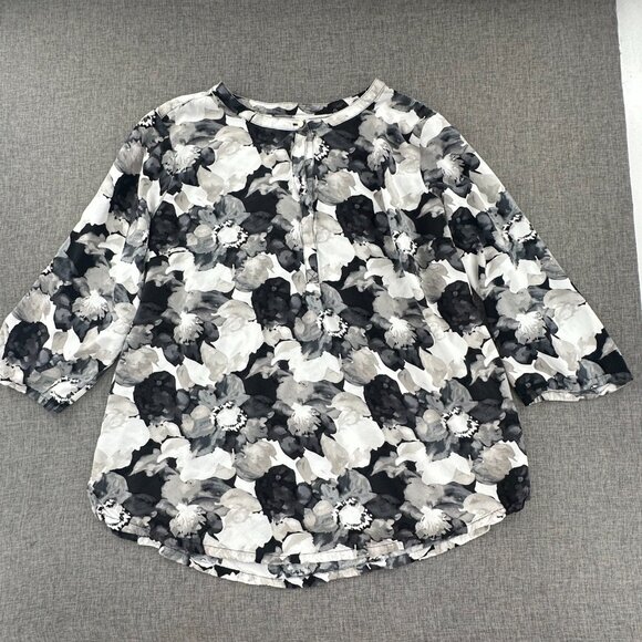 Liz Claiborne Floral‎ Blouse 3/4th Sleeves Black White Gray Round Neck XXL Rayon - Picture 1 of 11